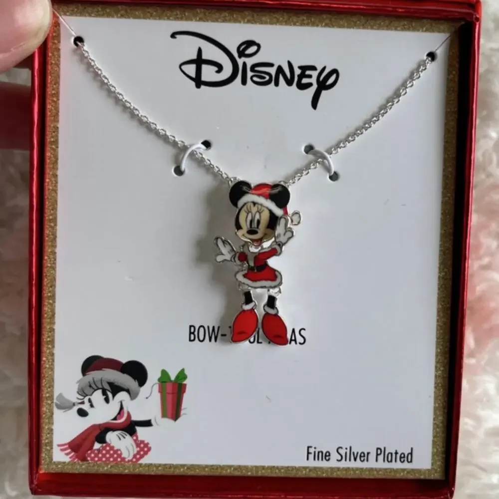 Disney Minnie Mouse Moveable Silver Plated Bow Tiful Xmas Christmas Necklace NEW